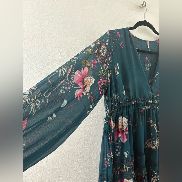 Free people Cherry Blossom long sleeve Mini Dress in Emerald Combo size S - Picture 7 of 10